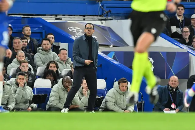 Head coach Liam Rosenior of Chelsea gives tactics