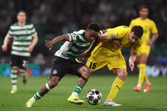 Geny Catamo of Sporting Clube de Portugal is challenged by Fredrik Andre Bjorkan