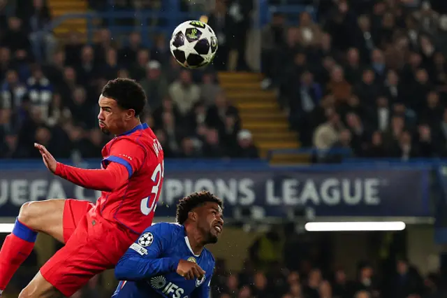 Warren Zaire-Emery goes for a header with Chelsea's Brazilian midfielder Andrey Santos