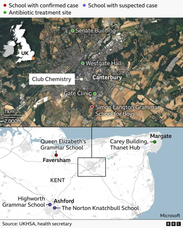 A two‑part map showing four schools with confirmed and suspected meningitis cases and four antibiotic treatment sites in Kent, UK. The top map focuses on Canterbury, marking schools, clinics, treatment locations, and Club Chemistry. The bottom map shows the wider Kent area, including Faversham, Ashford, Margate and additional schools. Coloured dots indicate confirmed cases (red), suspected cases (purple), and treatment sites (green).