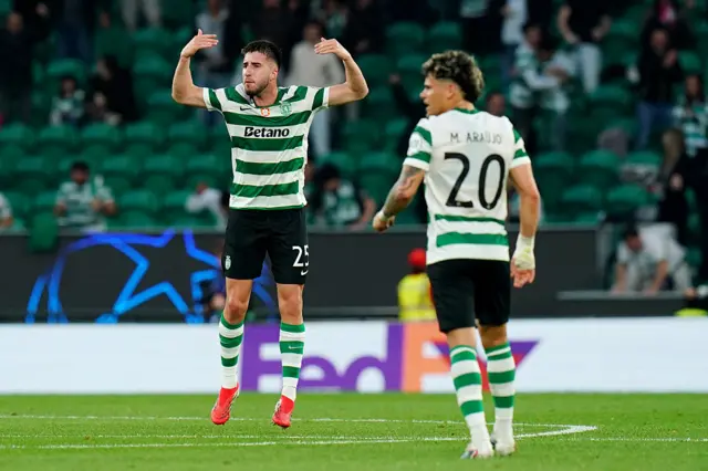 Goncalo Inacio of Sporting Clube de Portugal celebrates scoring