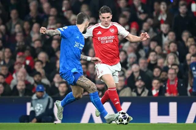 Viktor Gyoekeres of Arsenal is challenged by Robert Andrich