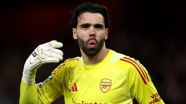 David Raya of Arsenal reacts after teammate Eberechi Eze (not pictured) scored their team's first goal