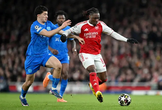 Eberechi Eze of Arsenal is challenged by Ibrahim Maza
