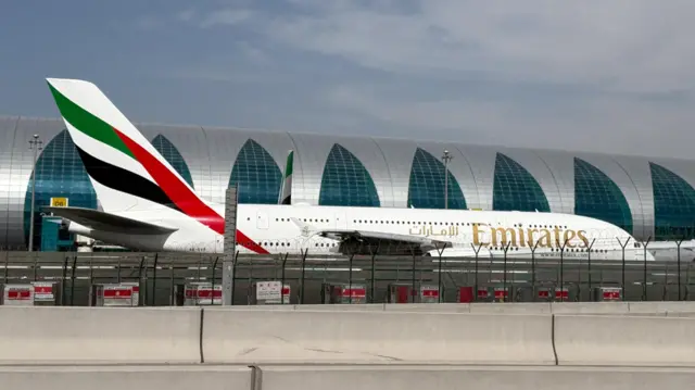 An Emirates airplane at Dubai International Airport, amid the U.S.-Israeli conflict with Iran, in Dubai.