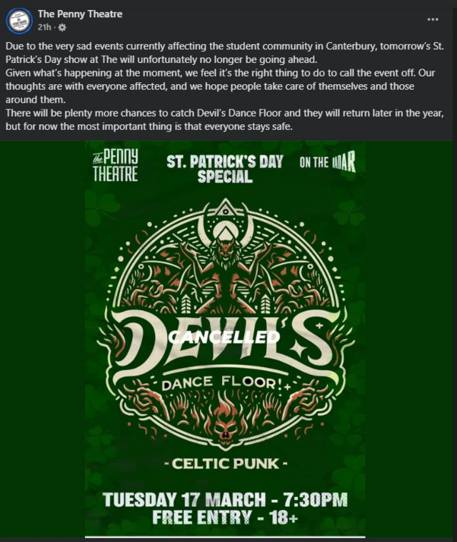 Screenshot of a Facebook post from The Penny Theatre in Canterbury, informing users that its event scheduled for St Patrick's Day, on 17 March 2026, has been cancelled.
