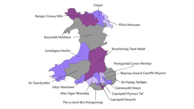 A map of Wales with each of the 16 new constituencies labelled. Bangor Conwy Môn Clwyd Fflint Wrecsam Gwynedd Maldwyn Ceredigion Penfro Sir Gaerfyrddin Gŵyr Abertawe Brycheiniog Tawe Nedd Afan Ogwr Rhondda Pontypridd Cynon Merthyr Blaenau Gwent Caerffili Rhymni Sir Fynwy Torfaen Casnewydd Islwyn Caerdydd Penarth Caerdydd Ffynnon Taf Pen-y-bont Bro Morgannwg