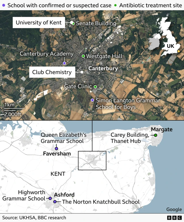 A two‑part map showing five schools with confirmed and suspected meningitis cases and four antibiotic treatment sites in Kent, UK. The top map focuses on Canterbury, marking schools, clinics, treatment locations, Club Chemistry and the University of Kent. The bottom map shows the wider Kent area, including Faversham, Ashford, Margate and additional schools. Coloured dots indicate confirmed and suspected cases (purple), and treatment sites (green).