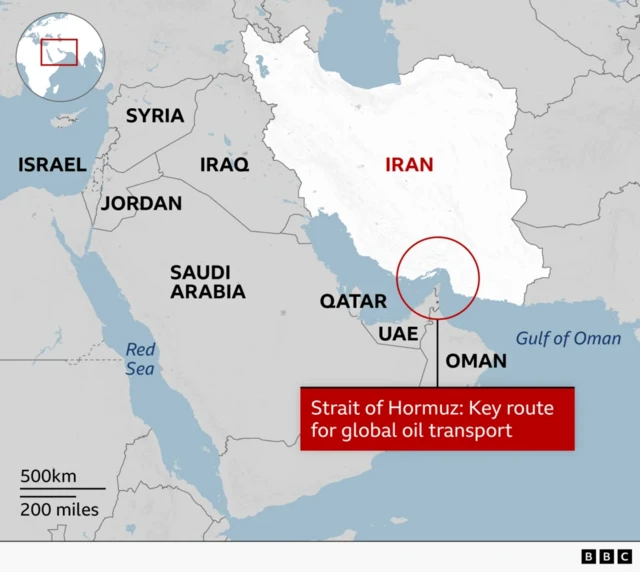 A locator graphic showing the location of the Strait of Hormuz in relation to Iran and other Gulf states