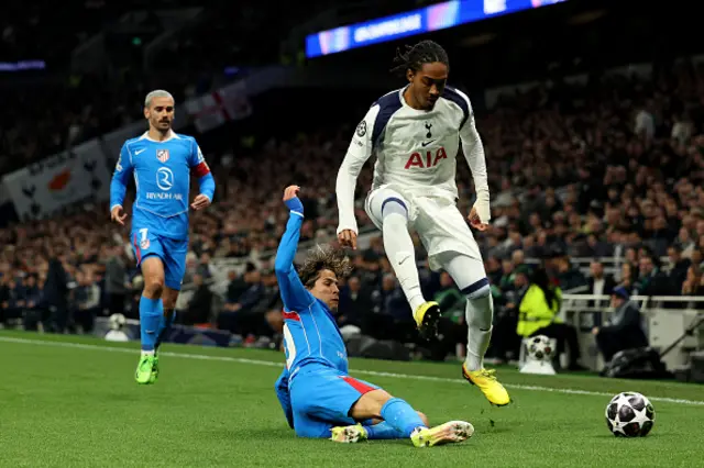 Giuliano Simeone tackles Tottenham Hotspur's English defender #24 Djed Spence