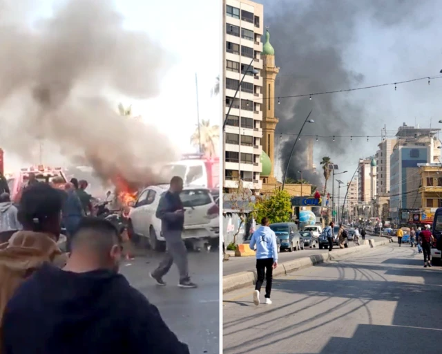 A screenshot from the video showing a car on fire and a picture showing a cloud of smoke rising over a building
