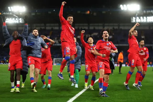 PSG celebrating at Stamford Bridge