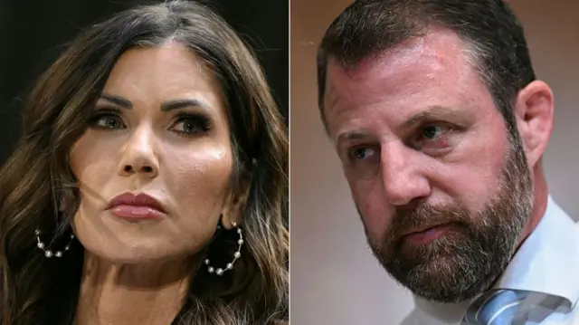 A side-by-side collage image of Mullin and Noem