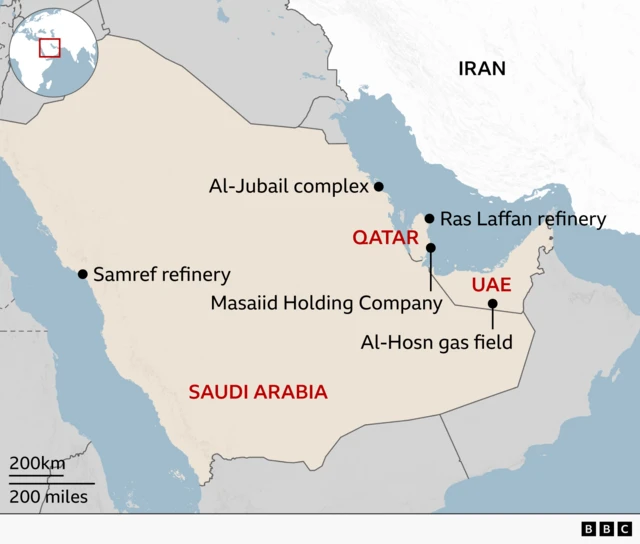 A map of the Gulf region highlighting five energy facilities in the Gulf that have been threatened by Iran: the Al‑Jubail complex in the northeast of Saudi Arabia and the Samref refinery on the Red Sea coast of Saudi Arabia; the Ras Laffan refinery and the Masaiaid Holding Company in Qatar; and the Al‑Husn gas field in the UAE