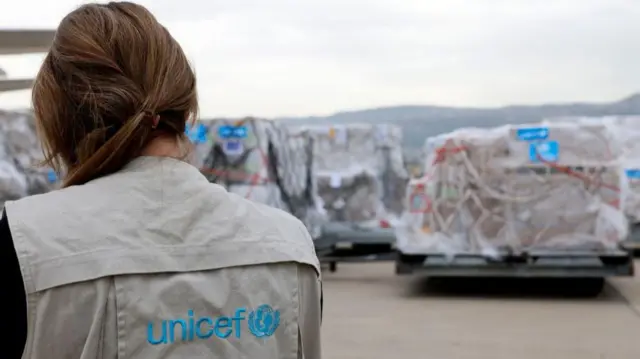Medical aid provided by UNICEF is unloaded at Beirut's International Airport, Lebanon, 18 March 2026. A plane loaded with 35.8 tons of medical aid was sent from UNICEF to support Lebanon for displaced families who fled their homes amid continuing Israeli airstrikes in the country
