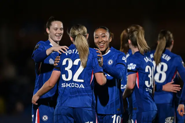 8: Lexi Potter of Chelsea celebrates with teammates Veerle Buurman and Lauren James