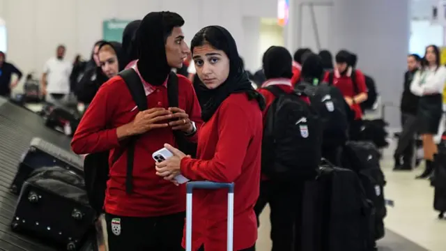 Members of the Iran women's national football team arrive at Istanbul Airport as they travel back to their country after competing in the 2026 AFC Women's Asian Cup in Australia, in Istanbul, Turkiye, on March 17, 2026.