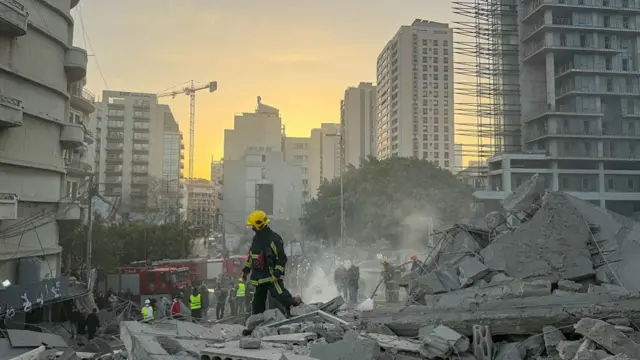 Building reduced to rubble in central Beirut following Israeli strikes overnight