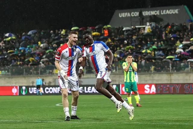 Ismaila Sarr of Crystal Palace celebrates with Adam Wharton