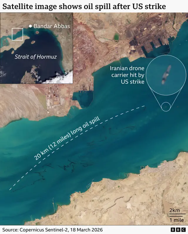 A satellite image showing the location and length of the oil spill off the coast of Iran