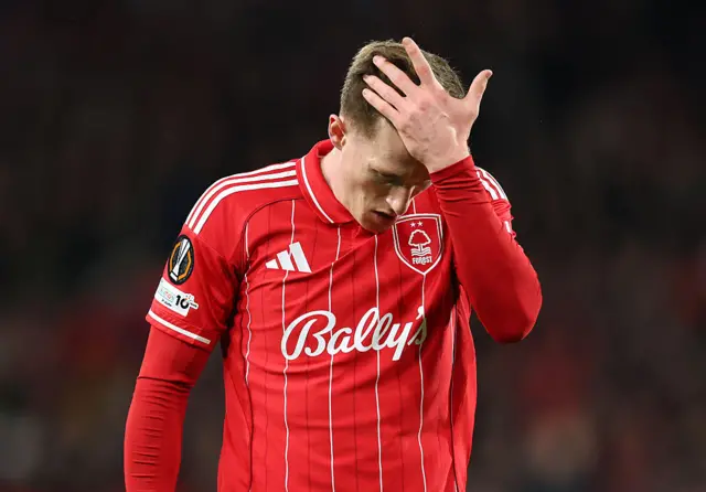 Elliott Anderson looks disappointed after defeat in Europa league