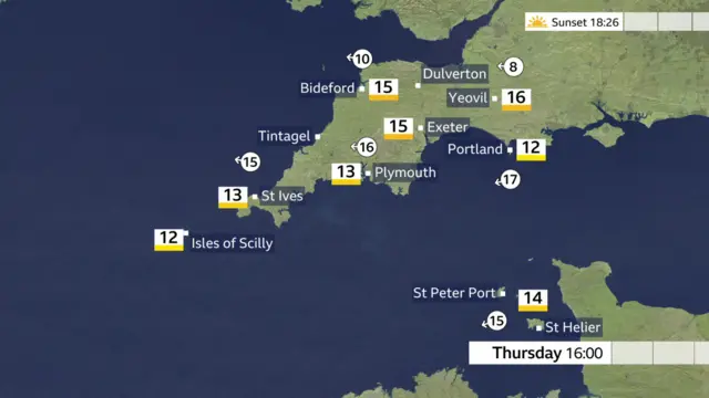 Weather graphic for 16:00 on Thursday 19 March for south-west England and the Channel Islands