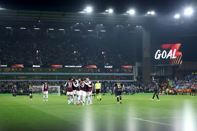 Leon Bailey of Aston Villa celebrates scoring