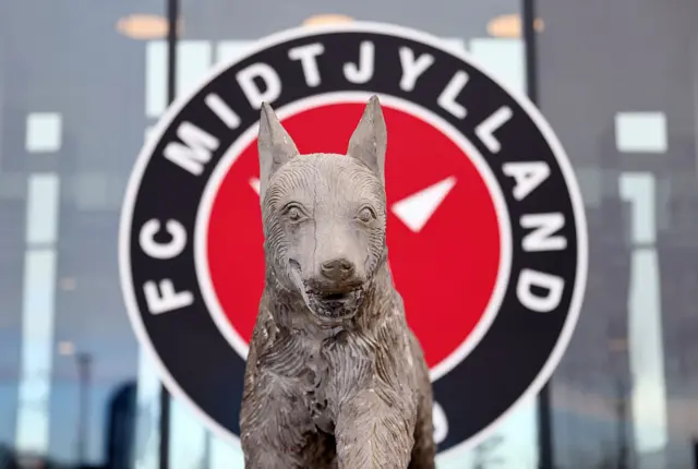 Midtjylland wolf mascot outside ground