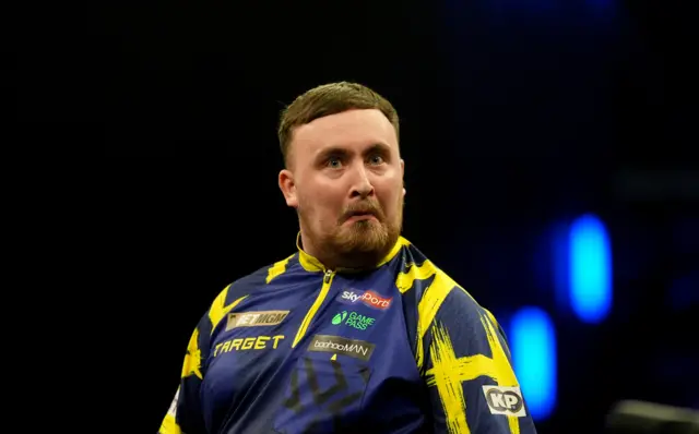 Luke Littler reacts during the final against Gerwyn Price on night seven of the BetMGM Premier League 2026 at the 3Arena in Dublin, Ireland