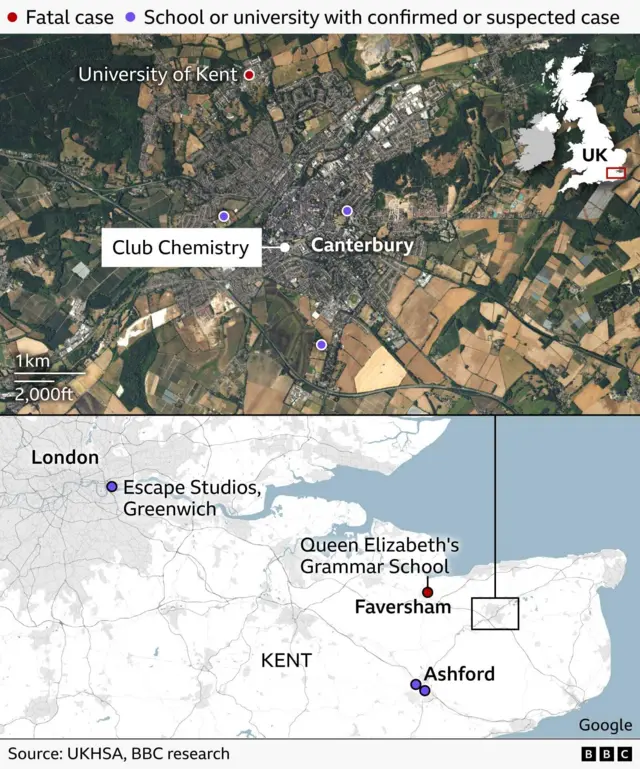 A two‑part map showing schools and universities with confirmed and suspected meningitis cases. The top map focuses on Canterbury, marking Club Chemistry, the University of Kent, which is marked as a fatal case, and three other cases. The bottom map shows the wider South East, including Queen Elizabeth’s Grammar School in Faversham which is marked as a fatal case, with two more cases marked in Ashford and one at Escape Studios in Greenwich, London.