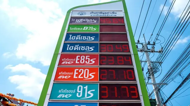 A petrol station price board in Thailand