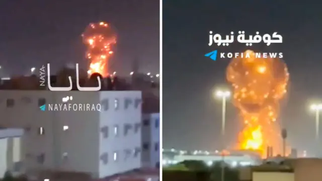 Two screenshots of videos showing large explosions in the distance