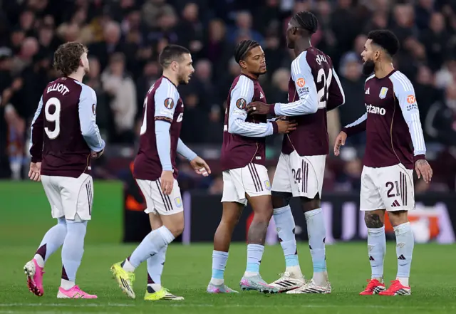 Leon Bailey of Aston Villa celebrates scoring his team's third goal