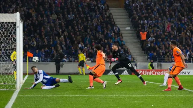Mo Salah scores against Porto in 2018 Champions League