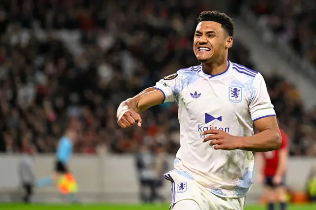 Ollie Watkins celebrates for Aston Villa in Europa League