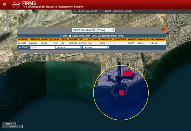 Map showing where Nasa's FIRMS system has detected heat signatures in Bandar Abbas port