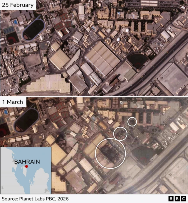 Before and after images of the naval base in Bahrain showing where structures have been damaged or destroyed