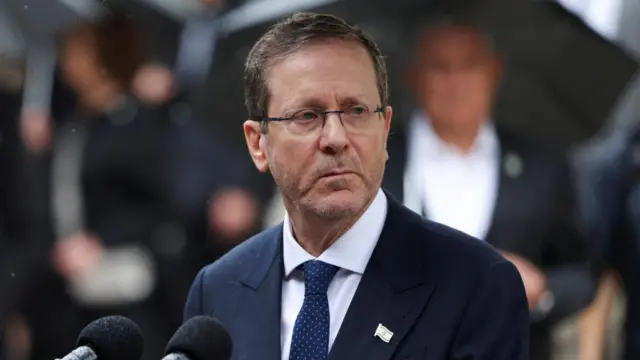 Herzog in suite and tie stands behind a mic outside, with people holding umbrellas in the background