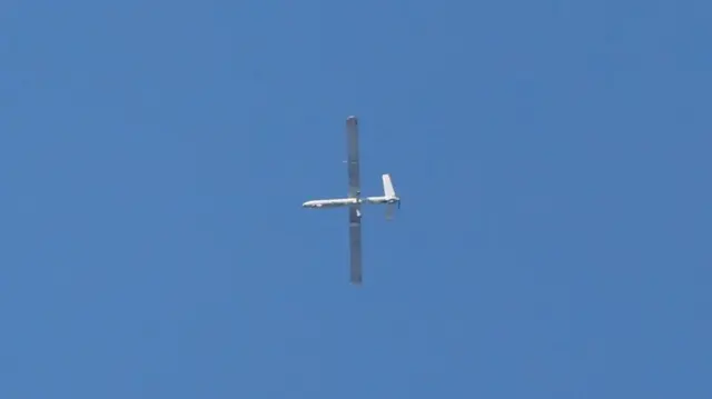 An Israeli drone flies over Beirut's southern suburbs, following an escalation between Hezbollah and Israel amid the U.S.-Israel conflict with Iran, Lebanon, March 2, 2026.