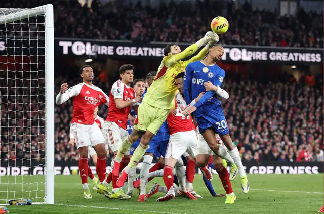 David Raya of Arsenal makes a save during the Premier League match between Arsenal and Chelsea at Emirates Stadium on March 01, 2026.