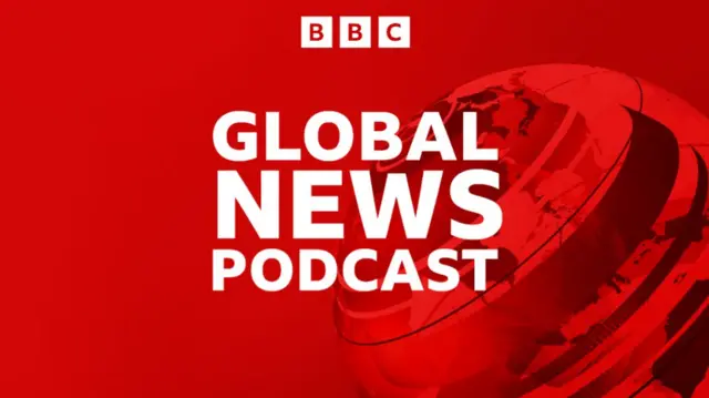 Global News Podcast logo on red background