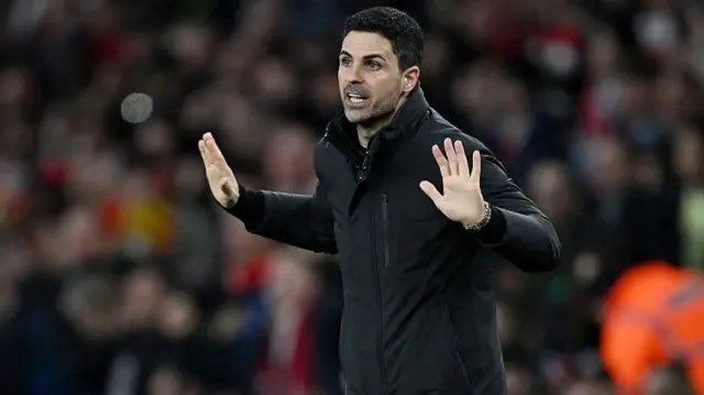 Mikel Arteta, Manager of Arsenal, reacts