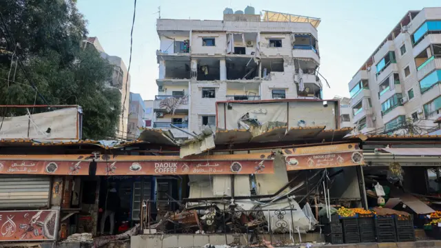 A damaged apartment in a building following an Israeli airstrike in Al Jamous, in Dahieh,