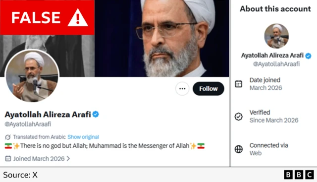 One of the fake accounts claiming to be Iranian cleric Ayatollah Alireza Arafi - we have labelled it false