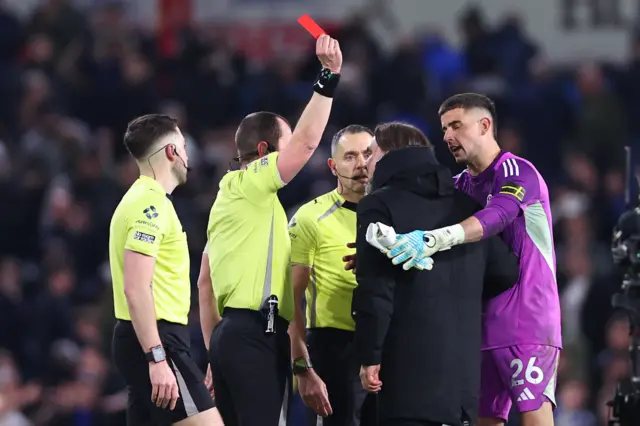 Leeds United manager, Daniel Farke, being sent off by Referee Peter Bankes at full time during the Premier League match between Leeds United and Manchester City at Elland Road on February 28, 2026.