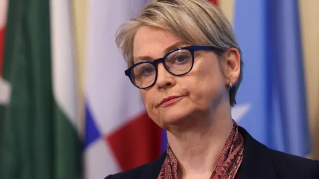 British Foreign Secretary Yvette Cooper speaks to the press before a United Nations Security Council meeting on Sudan at UN headquarters in New York on February 19, 2026