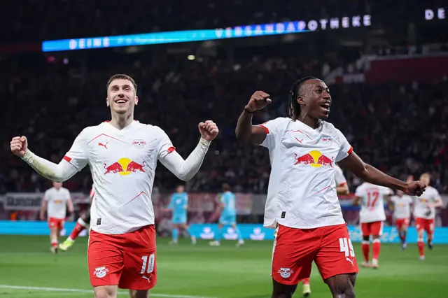 Leipzig's German midfielder Brajan Gruda celebrates scoring the 4-0 goal