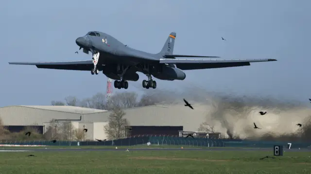 A USAF B-1 bomber takes off at RAF Fairford airbase, used by United States Air Force (USAF) personnel, amid the U.S.–Israeli conflict with Iran, in Fairford, Gloucestershire, Britain, March 17, 2026.