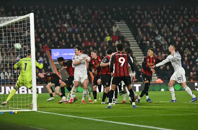 Bournemouth's Serbian goalkeeper #01 Dorde Petrovic (L) concedes the 1-2 own goal by Bournemouth's English defender #23 James Hill