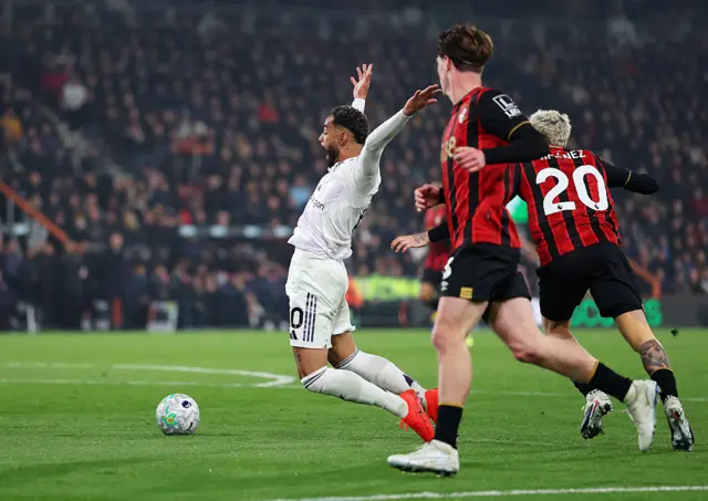 Matheus Cunha of Manchester United is fouled by Alex Jimenez of AFC Bournemouth